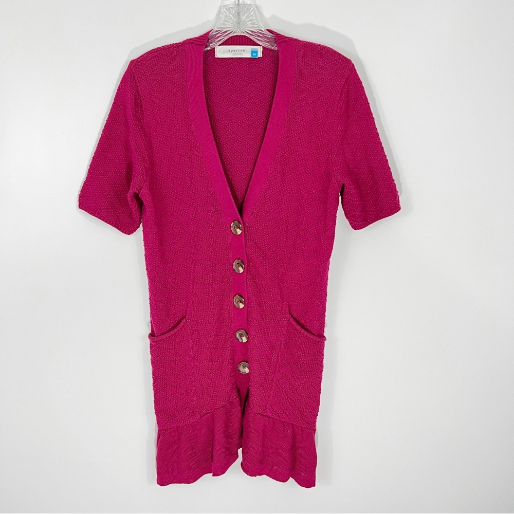 Anthropologie Sparrow Magenta Pink Ruffled Pointelle Cardigan Size Medium